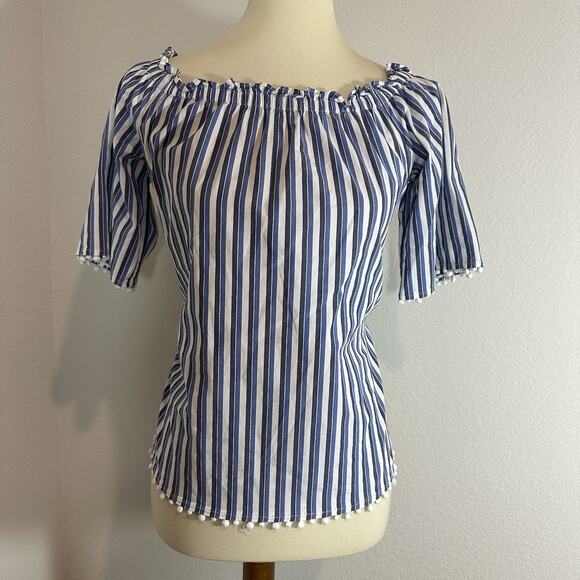 Trina Turk Small Top Sleeveless Blouse Blue Striped Preppy Coastal Poms Coastal - Picture 4 of 12